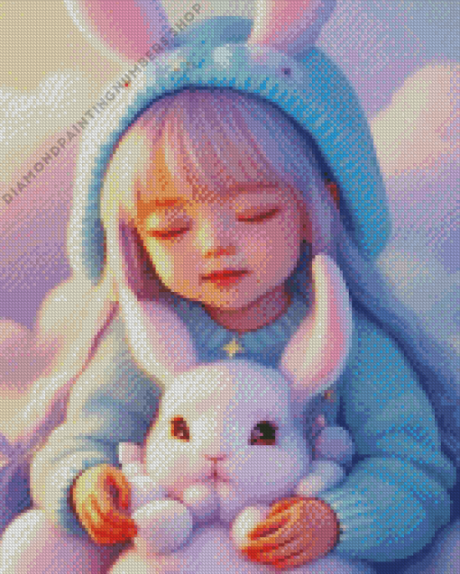 cute girl and fluffy white bunny Diamond Paintings