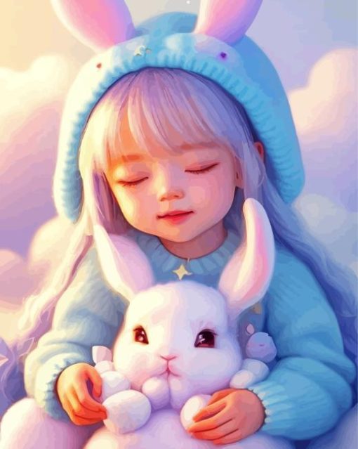 cute girl and fluffy white bunny Diamond Paintings