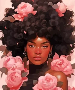 black woman pink flowers Diamond Paintings