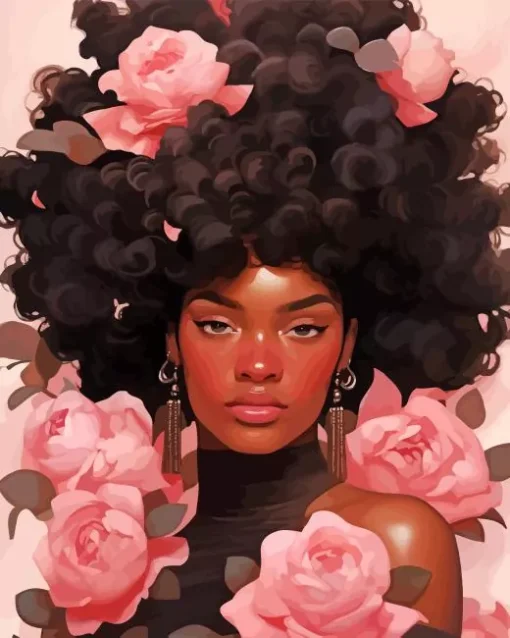 black woman pink flowers Diamond Paintings