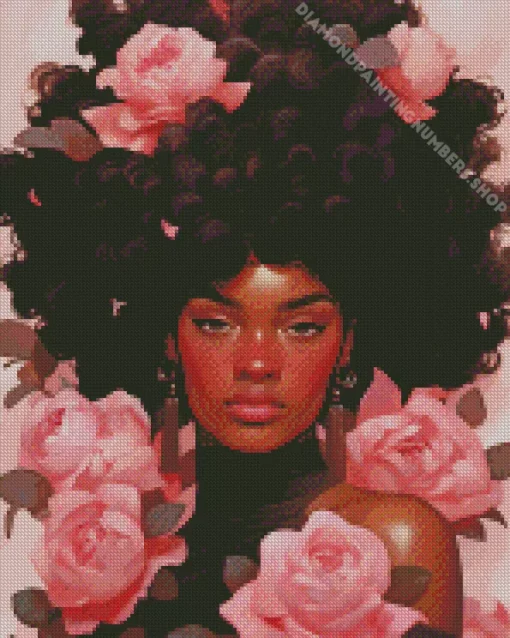 black woman pink flowers Diamond Paintings