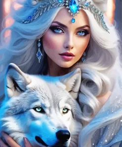 female and white wolf art Diamond Paintings