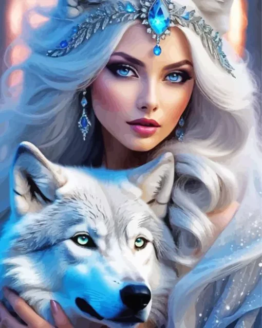 female and white wolf art Diamond Paintings