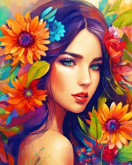 lady face and flowers illustartion Diamond Paintings