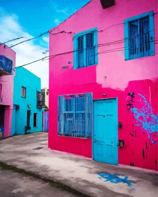 pink and blue house Diamond Paintings
