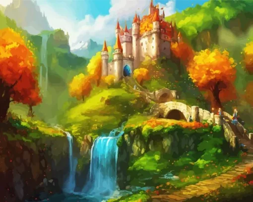 fantasy castle and waterfall Diamond With Numbers