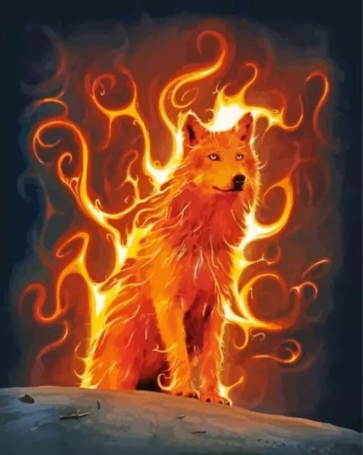 orange fire wolf art Diamond Paintings