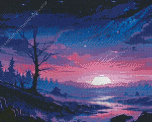 blue and purple sunset landscape Diamond With Numbers