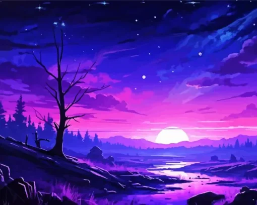 blue and purple sunset landscape Diamond With Numbers