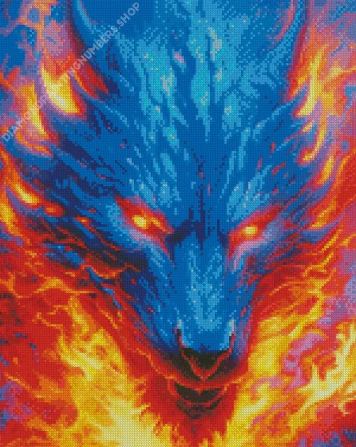 blue and red fire wolf Diamond Paints