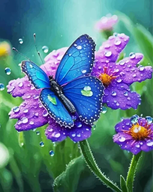 blue butterfly and purple flower Diamond Paints