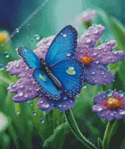 blue butterfly and purple flower Diamond Paints