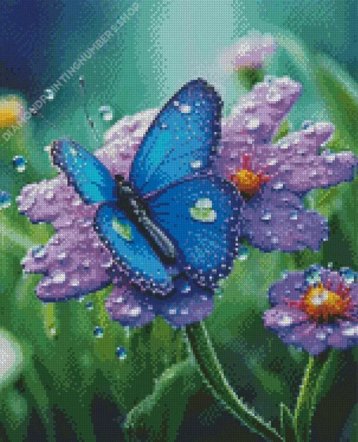 blue butterfly and purple flower Diamond Paints