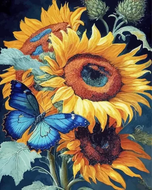 blue butterfly and sunflower Diamond With Numbers