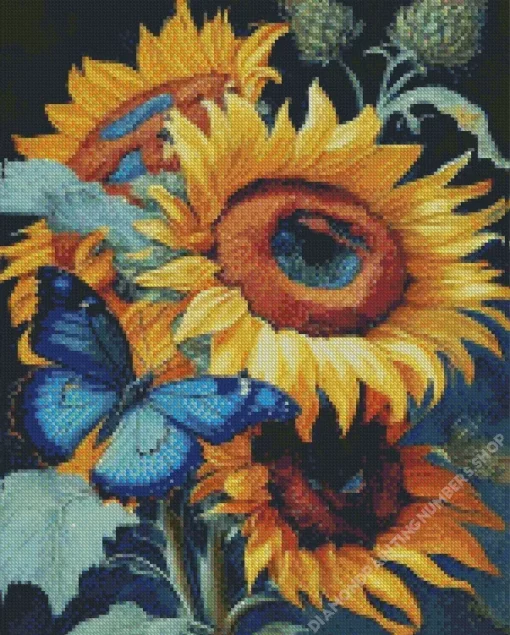 blue butterfly and sunflower Diamond With Numbers