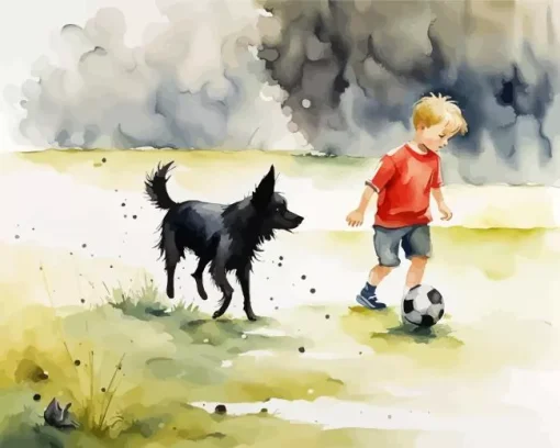 dog and boy playing football Diamond Paints