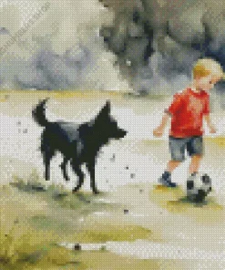 dog and boy playing football Diamond Paints
