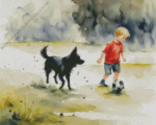 dog and boy playing football Diamond Paints