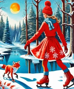 lady and red fox ice skating Diamond Paints