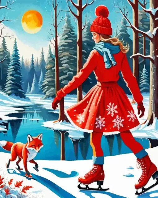 lady and red fox ice skating Diamond Paints