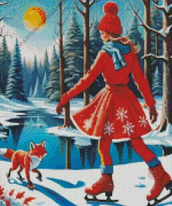 lady and red fox ice skating Diamond Paints