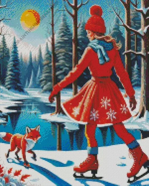 lady and red fox ice skating Diamond Paints