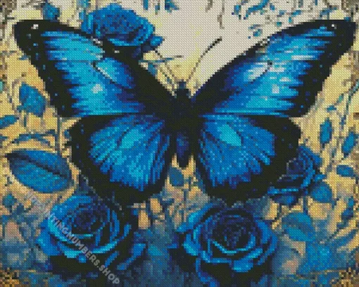 Blue And Black Butterfly And Roses Diamond Paints