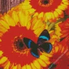 Blue And Black Butterfly On Gerbera Diamond Paints