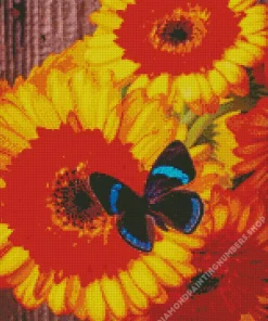 Blue And Black Butterfly On Gerbera Diamond Paints