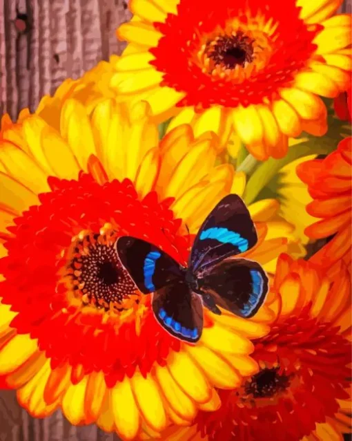 Blue And Black Butterfly On Gerbera Diamond Paints