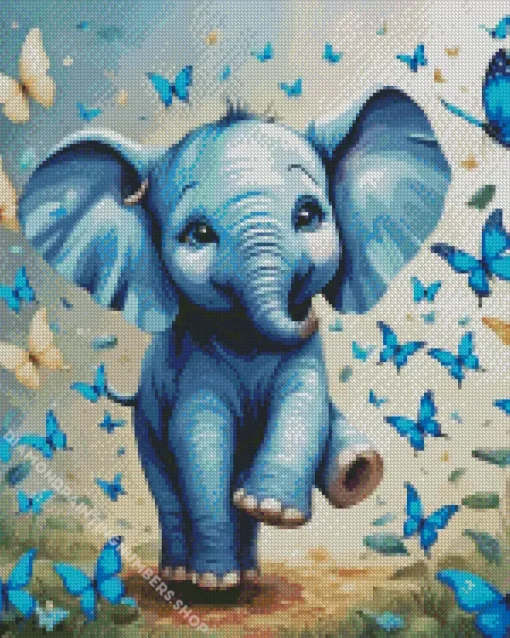 Blue Elephant And Butterflies Diamond Dotz