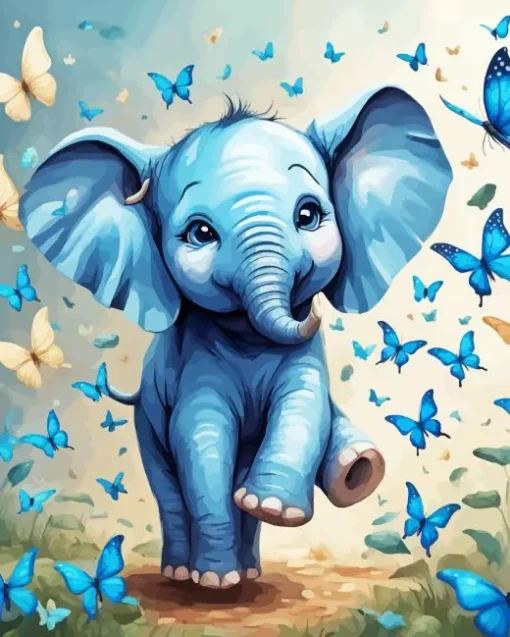 Blue Elephant And Butterflies Diamond Dotz
