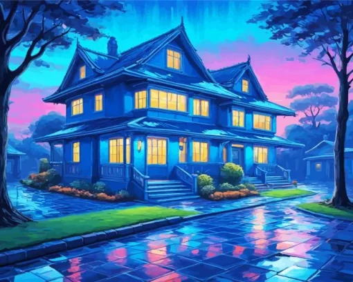 Blue House Art Diamond With Numbers
