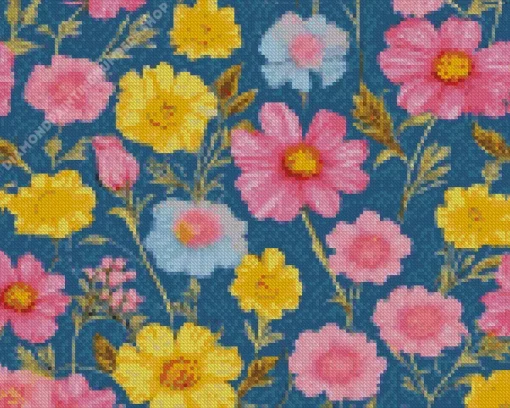 blue and pink and yellow flowers Diamond With Numbers