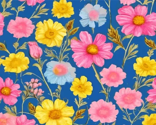 blue and pink and yellow flowers Diamond With Numbers