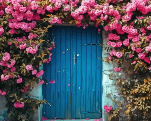 blue door flowers Diamond Paintings