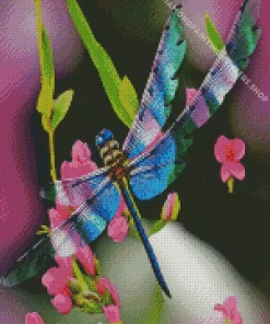 blue dragonfly and pink flowers Diamond Dotz