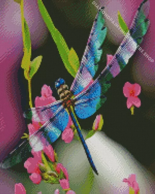 blue dragonfly and pink flowers Diamond Dotz