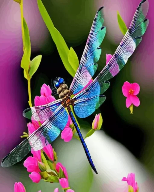 blue dragonfly and pink flowers Diamond Dotz