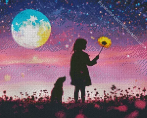 cute girl and moon Diamond Paints