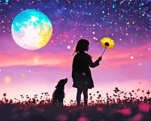 cute girl and moon Diamond Paints