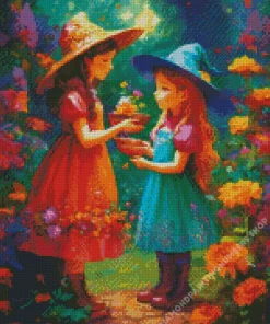 girls picking flowers Diamond Paints