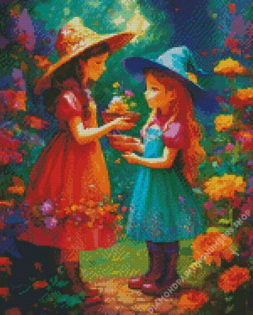 girls picking flowers Diamond Paints