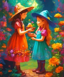girls picking flowers Diamond Paints