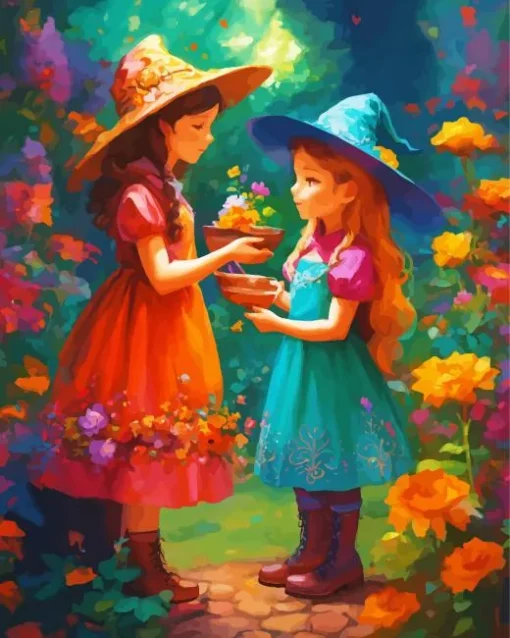 girls picking flowers Diamond Paints