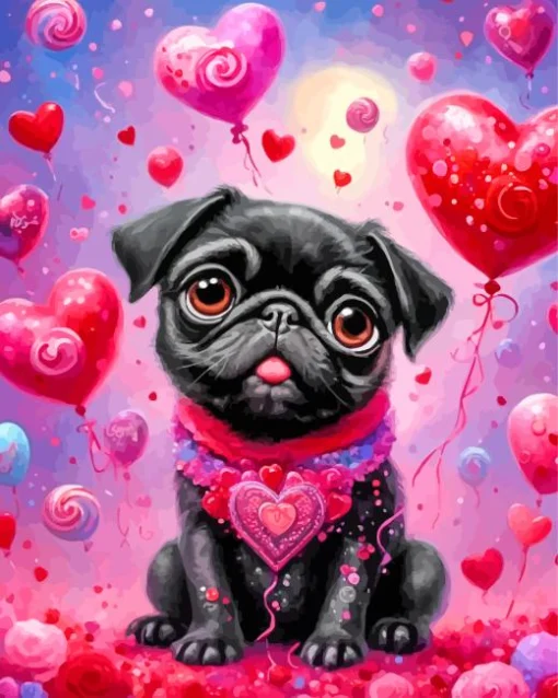 Valentines Black Pug Puppy Diamond Painting