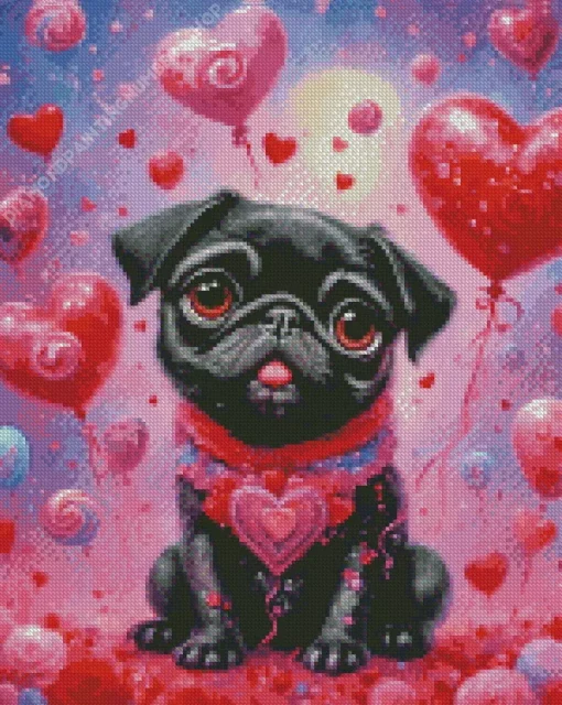 Valentines Black Pug Puppy Diamond Painting
