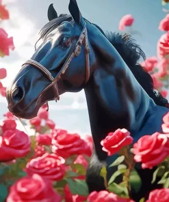 Black Horse With Roses Diamond Painting