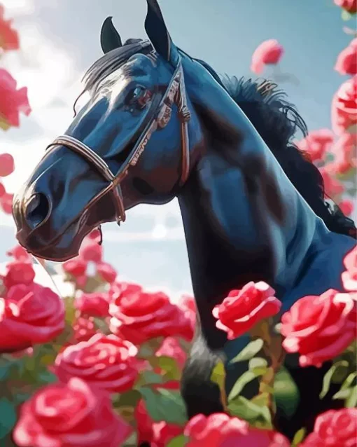 Black Horse With Roses Diamond Painting