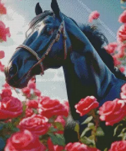 Black Horse With Roses Diamond Painting